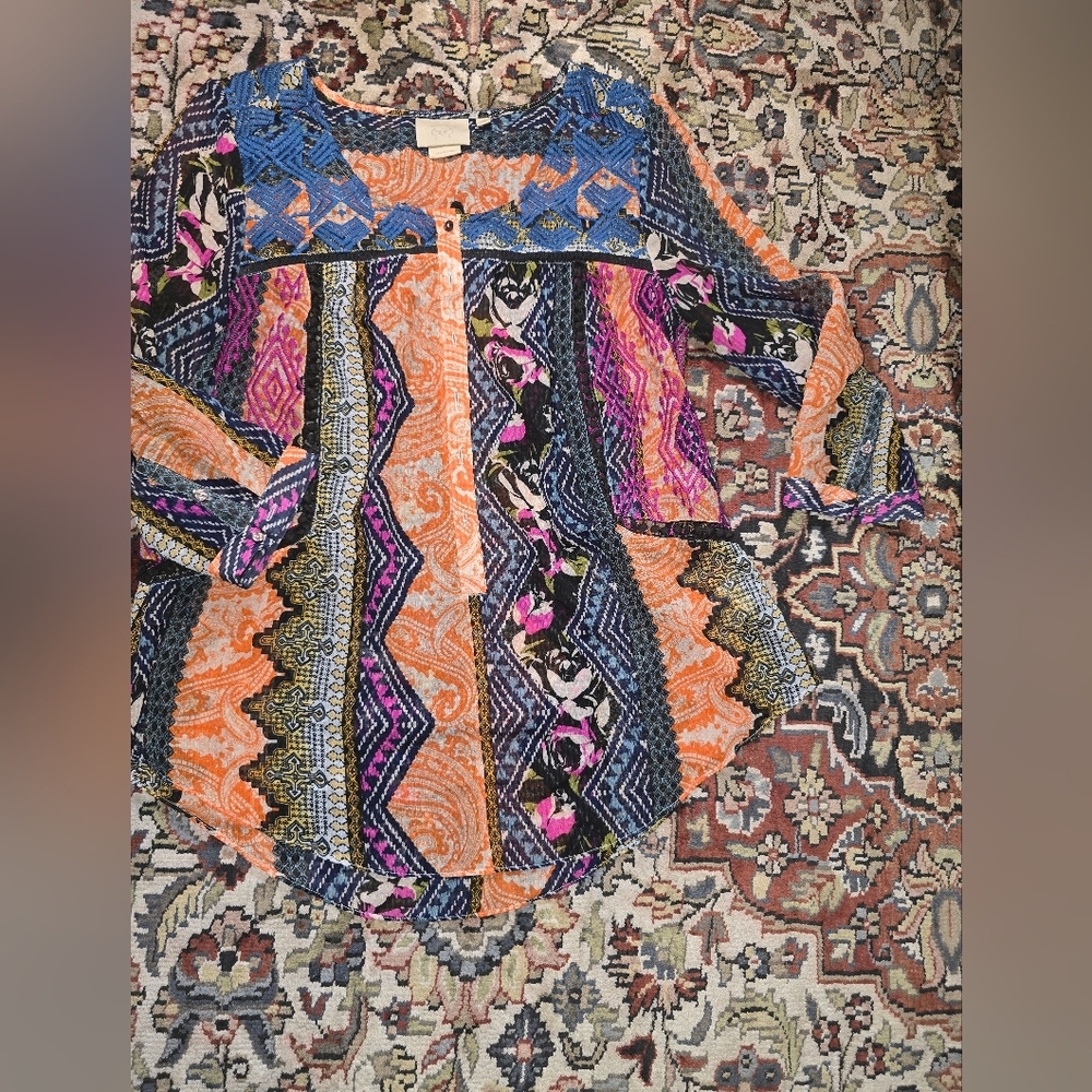 Anthropologie Vanessa Virginia Boho 3/4 Sleeve Multicolor Blouse Sz 2